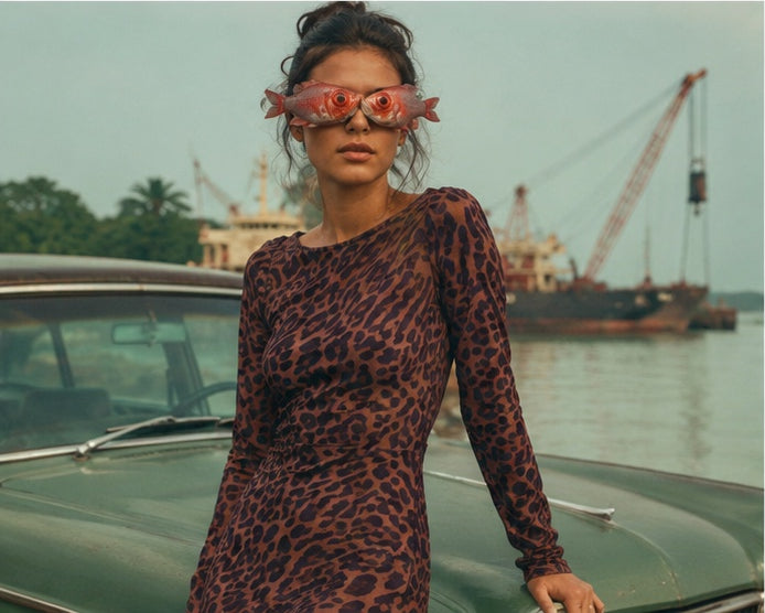 Vestido Mesh Leopardo transparente hecho en Costa Rica - modelo en Puerto Limón