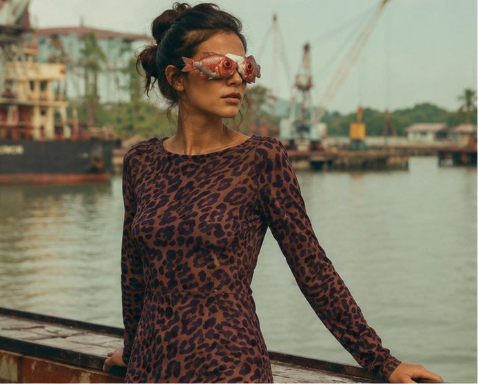 Vestido Mesh Leopardo transparente hecho en Costa Rica - modelo en puerto